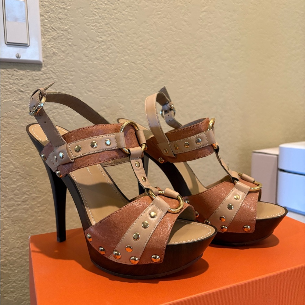Jessica Simpson Brown Tan Heels with Studded Straps